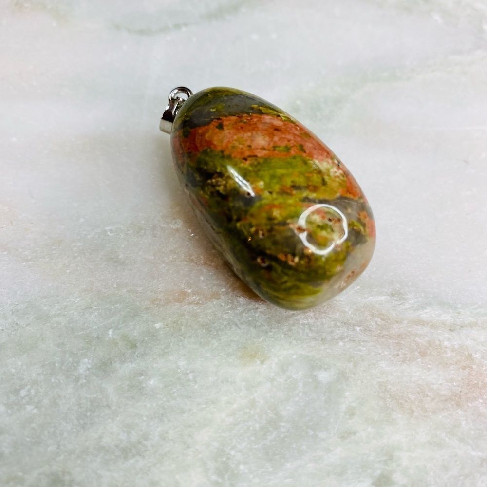 Green & Pink Unakite Jasper Oblong Gemstone Pendant 1.3”
